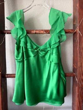 BCBG MaxAzria - Green Ruffle-Trim 100% Silk Women's Sleeveless Top